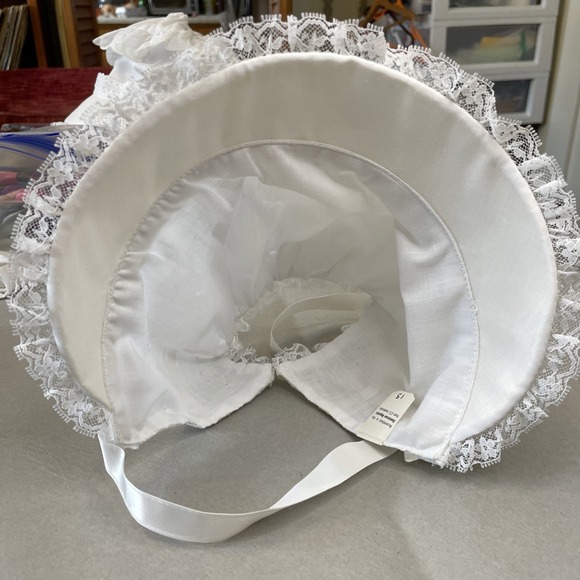 NWT White Baby Bonnet Strap Eyelets Lace 15 - Picture 4 of 5